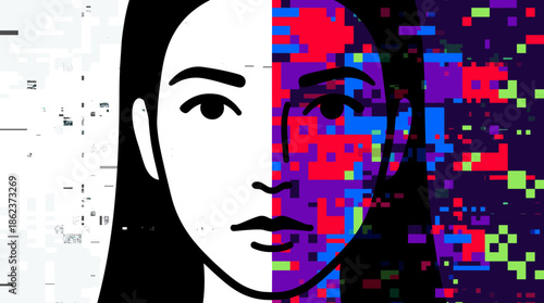 Stylized woman's face illustration split into two contrasting halves, one a simple monochrome graphic and the other a colorful, pixelated digital glitch art representation