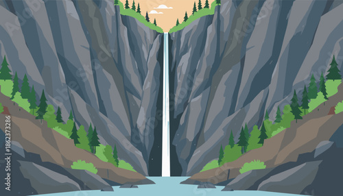 Minimalist vector illustration of a waterfall cascading down steep rocky cliffs in a deep canyon, with a calm river and green pine trees