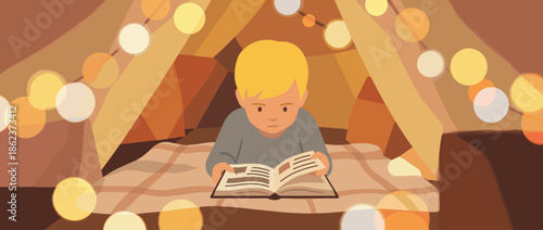 Young blond boy reading an open book inside a cozy blanket fort decorated with warm glowing string lights, creating a magical and peaceful bedtime atmosphere