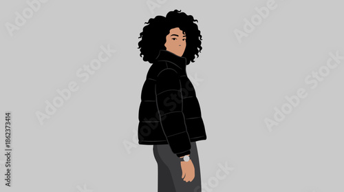 Stylish illustrated woman with voluminous curly hair wearing a black puffer jacket and watch looks confidently at the camera on a plain grey background