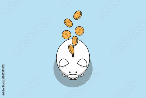 White cartoon piggy bank seen from a top-down view as gold dollar coins fall into its slot, a concept for savings and investment on a light blue background