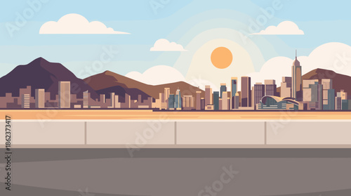 Flat vector illustration of a modern city skyline with skyscrapers and mountains under a sunny sky, viewed from an empty waterfront promenade in a minimalist style