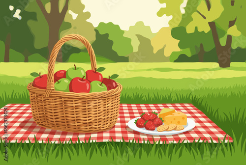 Wicker picnic basket filled with apples sits on a checkered blanket next to a plate of strawberries and cheese in a sunny park, a classic summer outdoor meal illustration