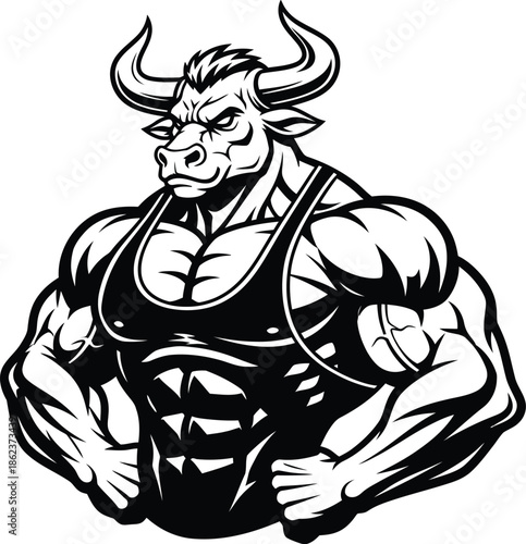 Powerful Muscular Bull Mascot Illustration for Fitness and Strength