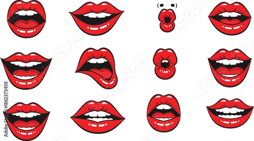 Collection of stylized red lips showing various expressions and actions