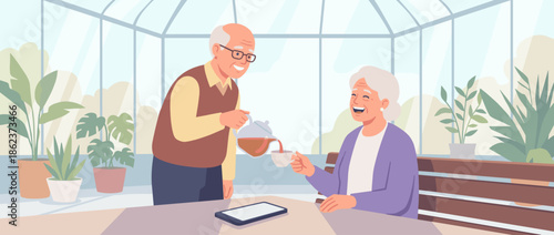 Happy elderly senior couple enjoying retirement together, the loving husband pours hot tea for his smiling wife as they relax at a table in a beautiful sunroom with many plants