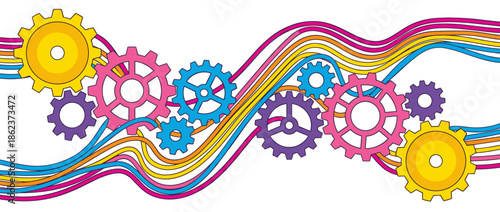 Colorful cartoon gears and cogs interconnected by vibrant wavy lines in a playful mechanical illustration representing teamwork and process, isolated on a white background