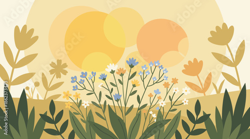 Colorful flat design illustration of wildflowers and green leaves on a warm sunny background with abstract sun shapes, creating a peaceful and whimsical spring scene