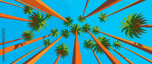 Tall stylized palm trees with green fronds seen from a low angle perspective looking up towards a bright blue summer sky, a vibrant flat vector illustration banner