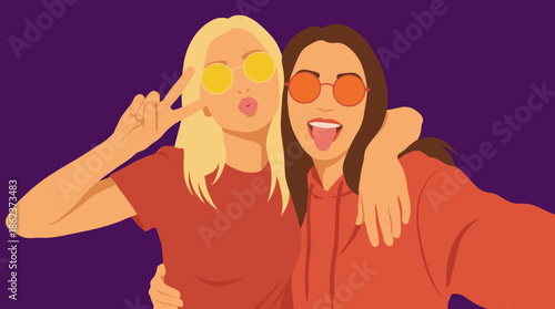 Two cheerful young women friends in sunglasses taking a fun selfie together, hugging and making playful faces with a peace sign gesture on a purple background