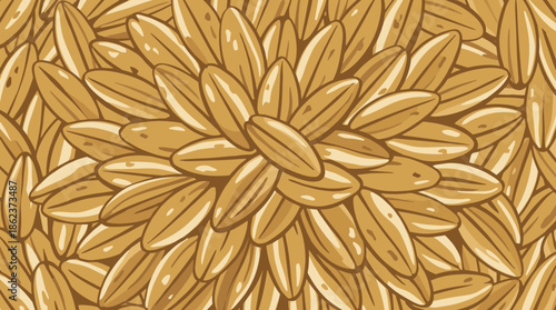 Dense pile of cartoon grain kernels forms a seamless pattern background with a stylized, hand-drawn look and a warm, golden brown color palette for agricultural concepts