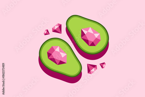 Two stylized green avocado halves with pink diamond pits in a surreal flat vector illustration style, floating with smaller gems on a pastel pink background