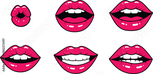 Stylized illustration of vibrant pink lips demonstrating a conceptual series of human mouth expressions and smiles