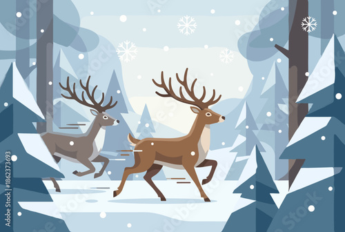 Two beautiful cartoon deer with large antlers running through a snowy winter forest with pine trees and falling snowflakes in a flat vector illustration style