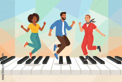 Group of three happy diverse friends jumping and dancing together on giant piano keys in a colorful flat vector illustration with a positive and energetic mood