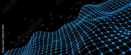 Blue digital wireframe grid with connected dots forms a wavy, undulating landscape representing data and technology on a black background