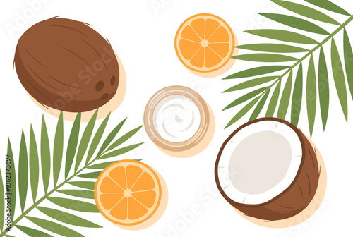 Organic skincare cream in a jar with fresh coconut and orange slices surrounded by tropical palm leaves, a flat lay vector illustration for natural beauty concepts
