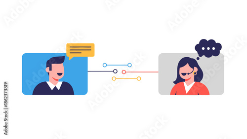 Communication between people via phone call with speech bubble