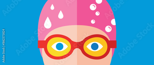 Colorful flat design illustration of a swimmer's face wearing a pink cap with water drops and red goggles, shown in a close-up view on a bright blue background