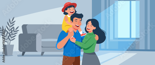 Joyful family of three with their young daughter sitting on her father's shoulders while her mother hugs them in their bright, modern living room