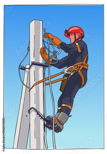 An Electrician repairing high-voltage power lines on a utility pole. Vector illustration.