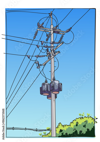 An illustration of a utility pole with high-voltage power lines. Vector illustration.