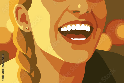 Close-up graphic illustration of a woman laughing with a wide open mouth and white teeth, created in a minimalist pop art style with a warm yellow and brown color palette