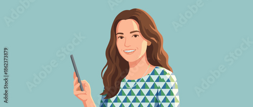 Smiling young woman with dental braces holding a smartphone looks forward in a modern vector illustration, wearing a geometric pattern top on a solid blue background