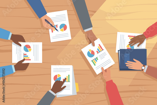 Diverse business team hands analyzing financial reports with charts and graphs during a productive meeting on a wooden office desk, top view flat vector illustration