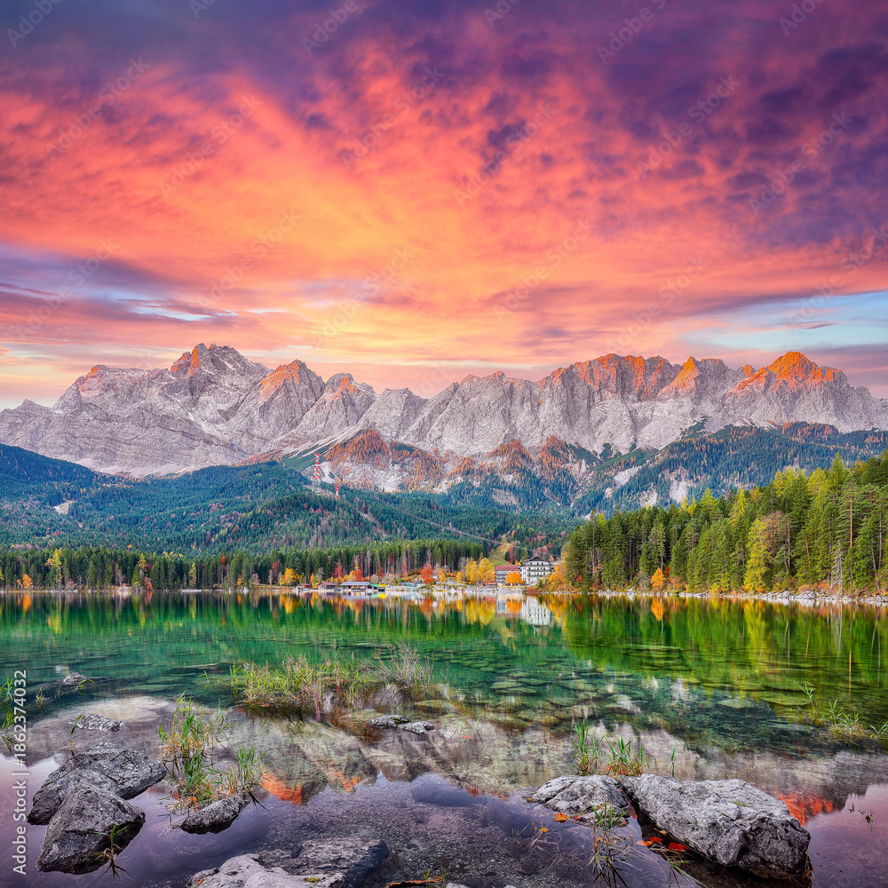 custom made wallpaper toronto digitalAstonishing autumn landscape of Eibsee Lake in front of Zugspitze summit under sunset