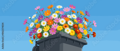 Vibrant bouquet of colorful garden flowers overflowing from a dark gray trash can against a clear blue sky, representing an optimistic or surreal concept