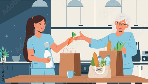 Friendly female volunteer in a blue uniform delivers bags of groceries to a grateful senior woman, handing her a fresh carrot in a modern kitchen illustration