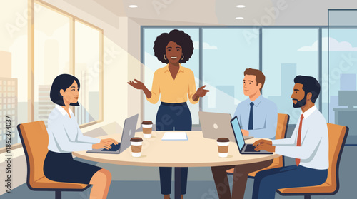 Diverse business team having a productive meeting in a modern office conference room, with a female leader presenting to her colleagues sitting at the table