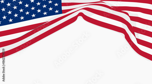 Red, white, and blue national flag with stars and stripes waving gracefully at the top, creating a patriotic border design with ample copy space on a white background