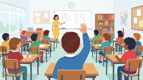 Classroom of diverse elementary school children raising their hands to answer a question from their teacher who is standing by a whiteboard with geometric shapes