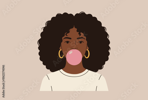 Stylish young woman with a large afro hairstyle and gold hoop earrings blows a pink bubble with chewing gum in a minimalist flat illustration on a beige background