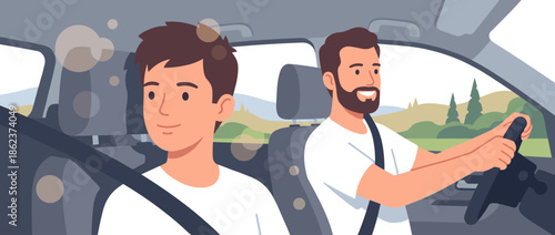 Two young men in white t-shirts driving a car together on a scenic road trip through the countryside, with the bearded driver smiling and the passenger looking ahead