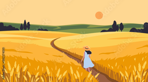 Woman wearing a blue dress and hat walks along a path in a golden wheat field during a warm, peaceful sunset in a flat illustration style