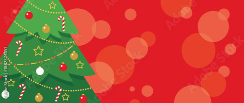 Green illustrated Christmas tree decorated with baubles, candy canes, and stars on a festive red banner background with a simple bokeh effect and copy space