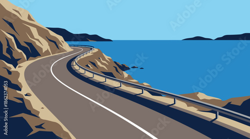 Winding coastal road with a guardrail curves along a rocky cliffside next to the calm blue sea, depicted in a minimalist flat vector illustration style