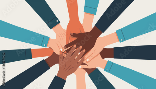 Diverse group of multiracial human hands stacked together in a circle symbolizing teamwork, unity, and collaboration, a flat vector illustration on a light background