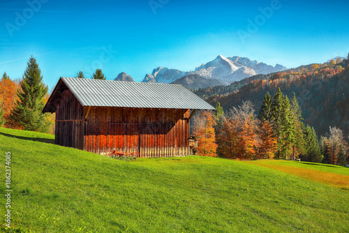 Wallpaper Mural Fabulous view of alpine meadow with wooden huts  near Wagenbruchsee (Geroldsee) lake Torontodigital.ca
