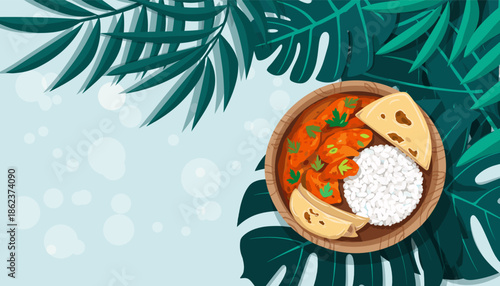 Appetizing illustrated bowl of traditional curry with rice and flatbread, shown in a flat lay composition with exotic tropical leaves on a light blue background