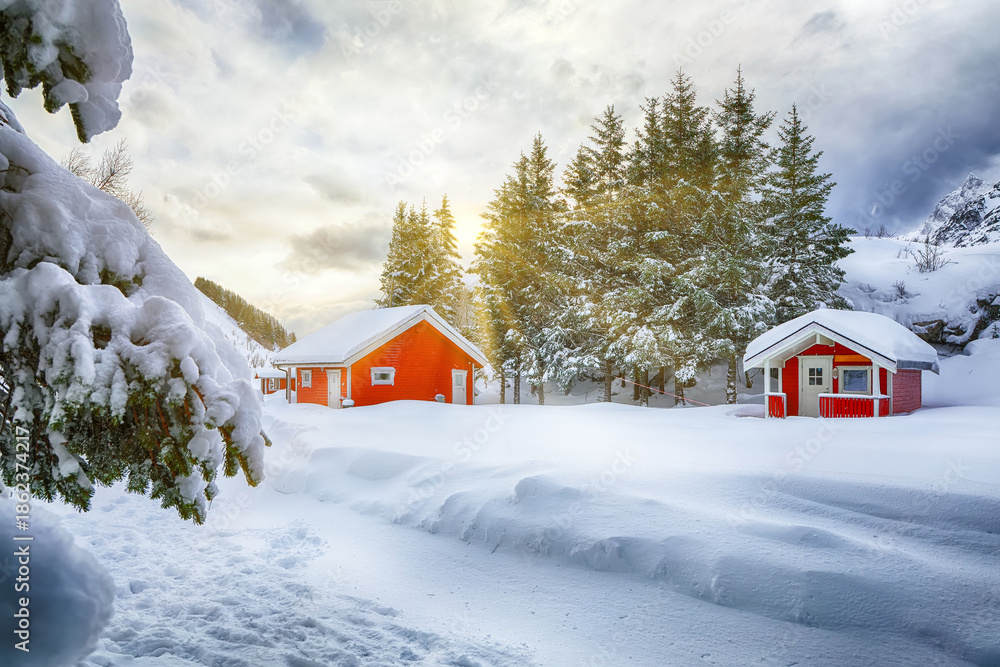 custom made wallpaper toronto digitalUnbelivable winter scenery with traditional Norwegian red wooden houses on the shore of Rolvsfjord.