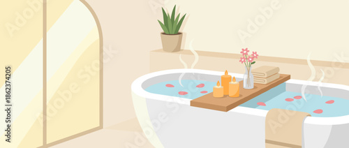 Relaxing bathtub prepared for a spa treatment with a wooden caddy holding lit candles, flowers, and towels in a tranquil, modern bathroom interior illustration