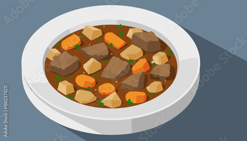 Delicious bowl of traditional beef stew with chunky potatoes and carrots, illustrated in a modern flat design style with a long shadow on a simple blue background