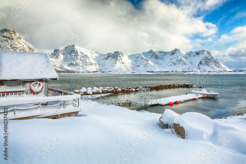 Wallpaper Mural Amazing winter scenery with wooden houses in small fishing village and snowy  mountain peaks near Valberg. Torontodigital.ca