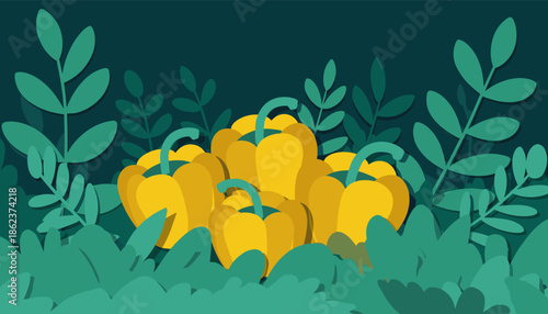 Stylized yellow bell peppers with green stems nestled among lush foliage in a modern flat design illustration with a paper cutout effect on a dark background