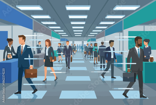 Diverse crowd of business people walking through a busy modern office corridor with motion blur effects, a flat vector illustration of corporate life and commuting