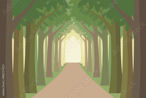 Tranquil forest path leads through a symmetrical alley of green trees towards a bright, glowing light, creating a serene and hopeful perspective in a flat vector style